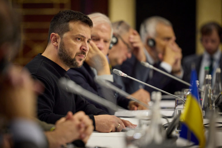 Ukraine's President Zelenskiy speaks during a EU-Ukraine foreign ministers meeting in Kyiv