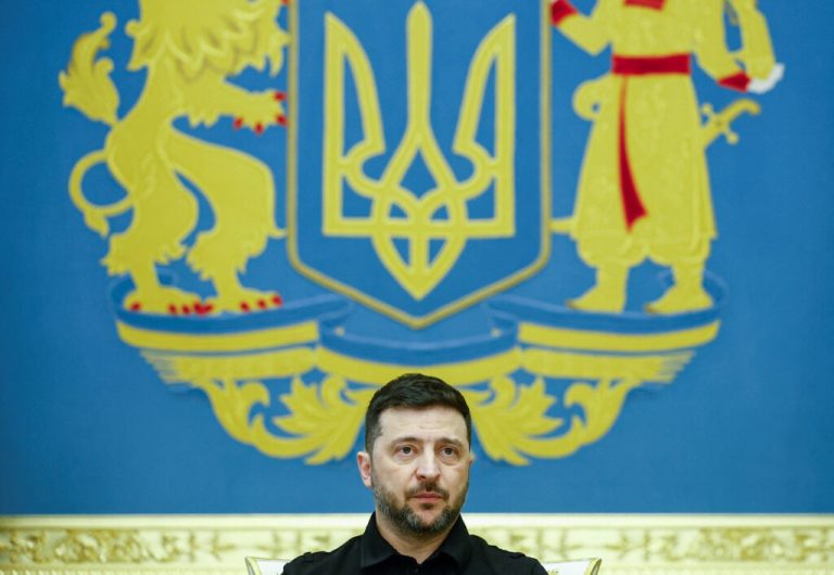 Ukraine's President Zelenskiy speaks during a meeting with the media in Kyiv