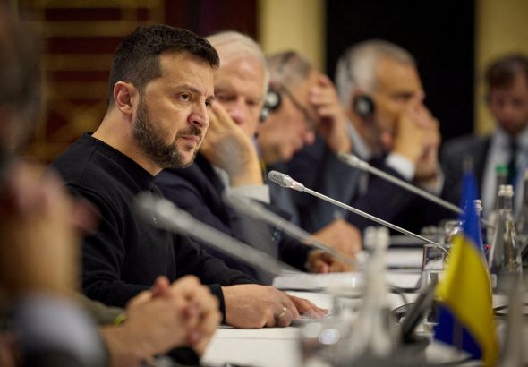 FILE PHOTO: Ukraine's President Zelenskiy speaks during a EU-Ukraine foreign ministers meeting in Kyiv